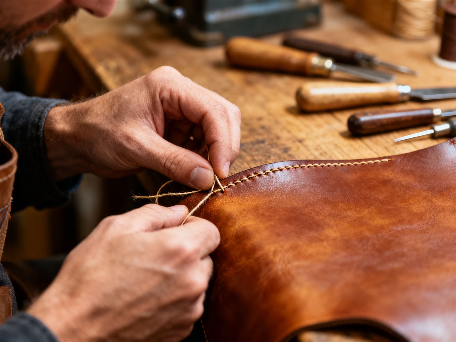 Artisan hand-stitching full-grain leather